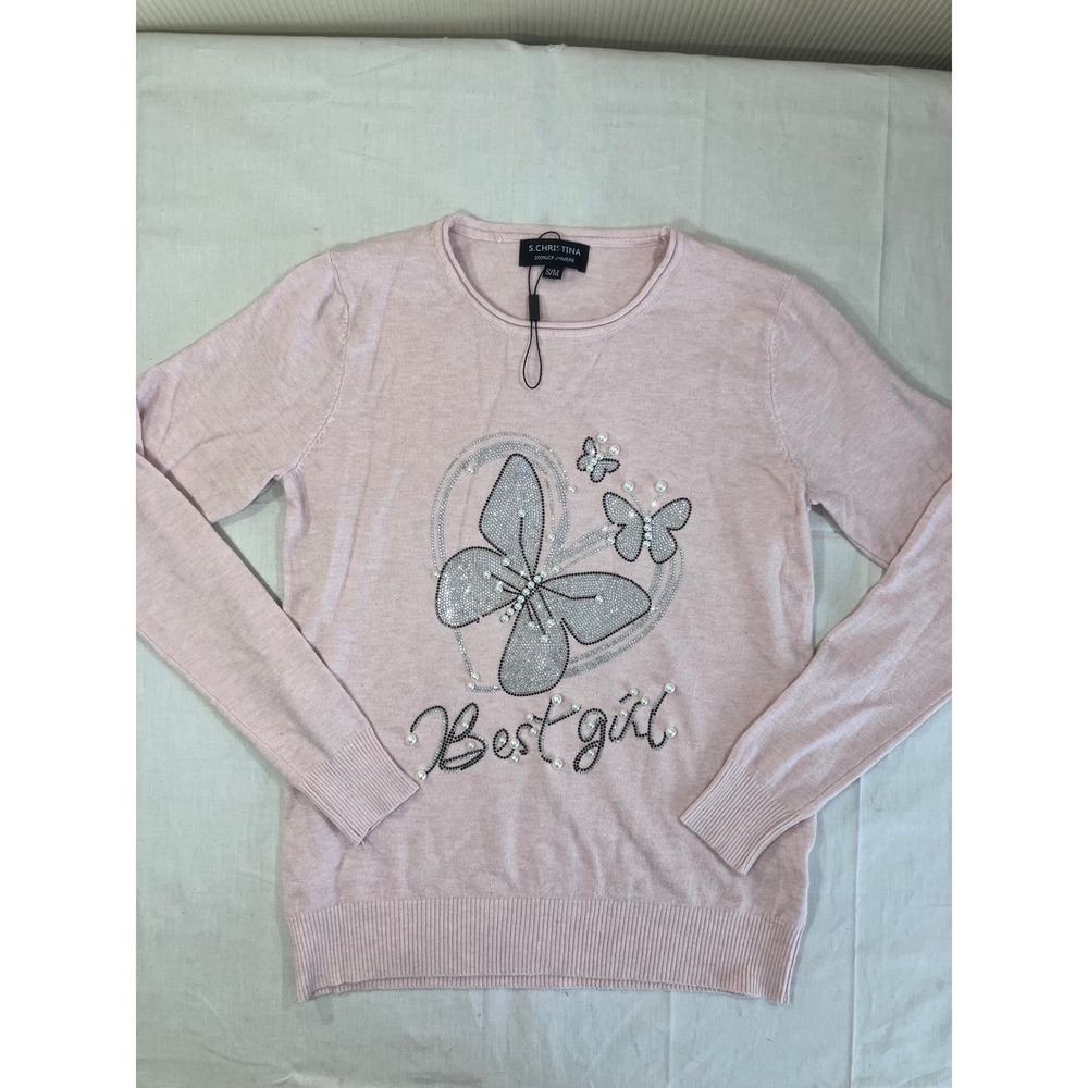 S. Christina Pink 100% Cashmere Rhinestone Pearl Butterfly Sweater S/M Y2K